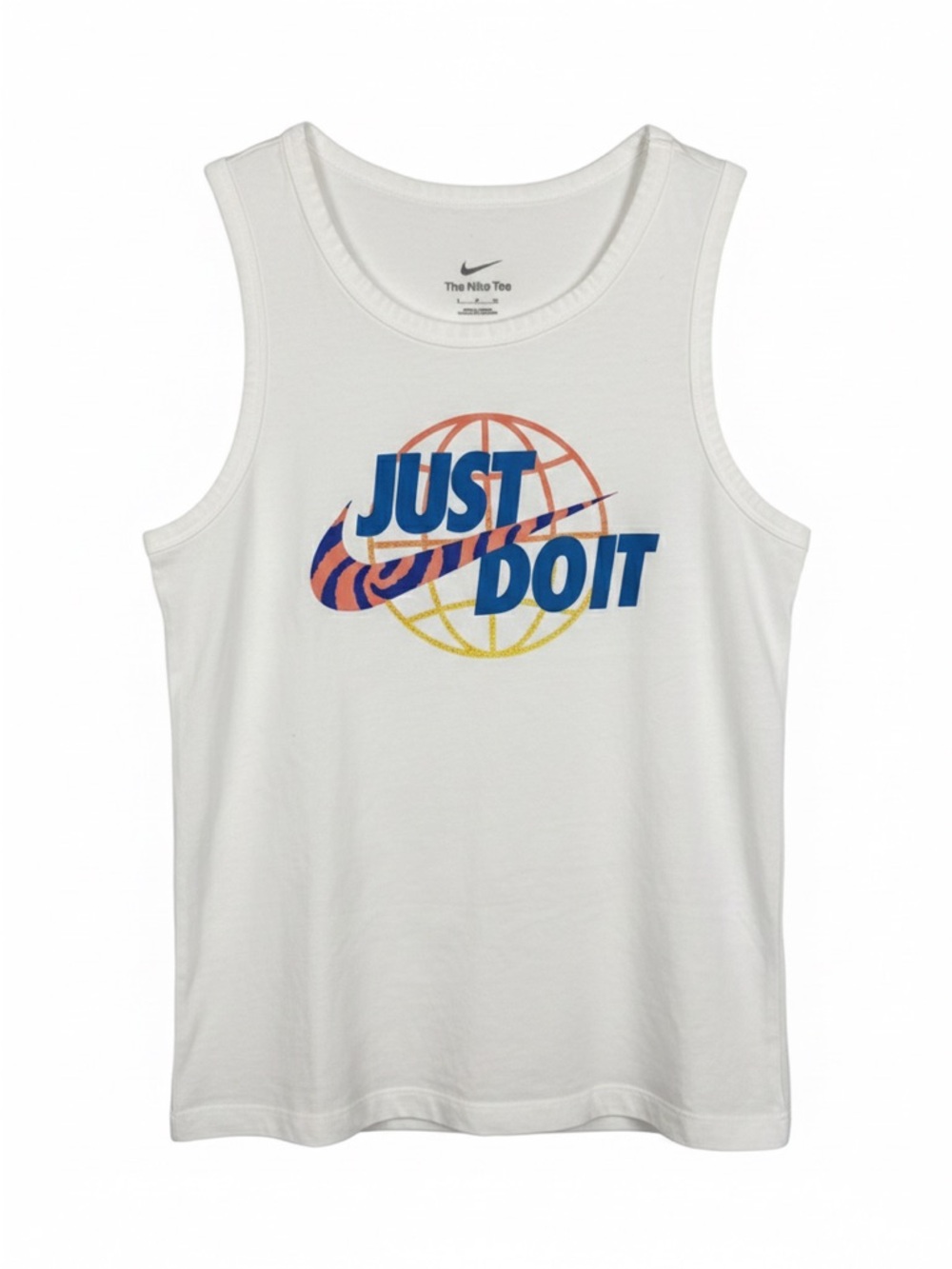 Nike White Tank Top with Blue and Orange Graphic